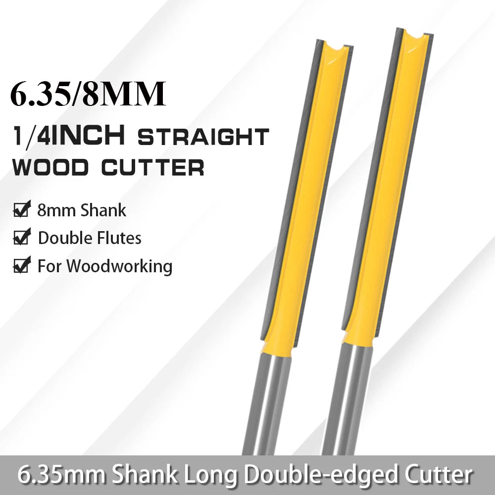 1/4" 8mm Long Straight Wood Cutter Double-edged Router Bit For Woodworking Slotting Milling Cutter CNC Carpentry Tools 50/76mm