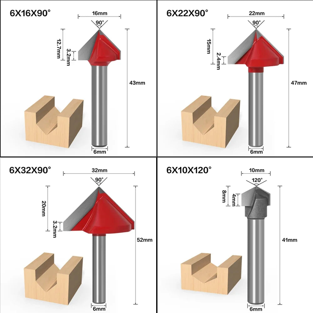 6mm V Bit-1PCS,CNC solid carbide end mill,tungsten steel woodworking milling cutter,3D wood MDF router bit,60 90 120 150 degrees