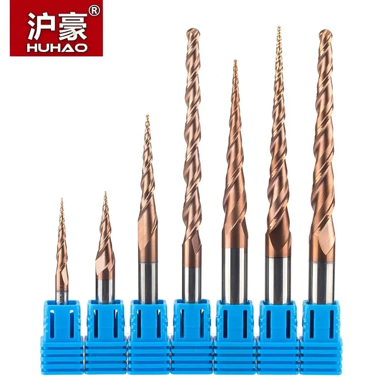 HUHAO Carbide Ball Nose Router Bit CNC Tapered End Mills 2 Flutes  HRC55 Milling Cutters Endmill Wood Metal Engraving Tool