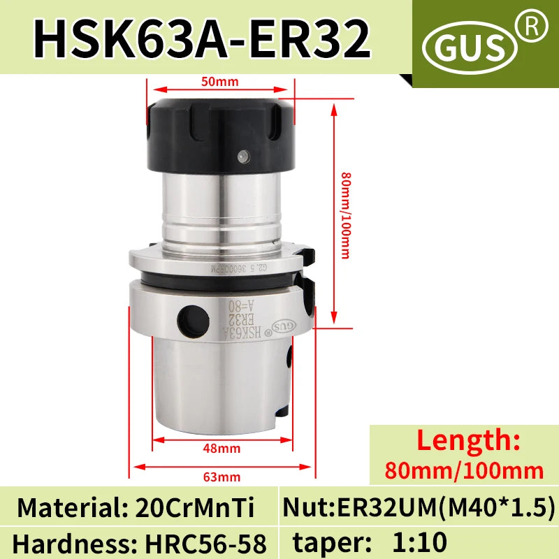 HSK63A High precision tool holder ER16 ER20 ER25 ER32 ER40 Collet chuck Five axis machine tools High speed Knife handle Spindle