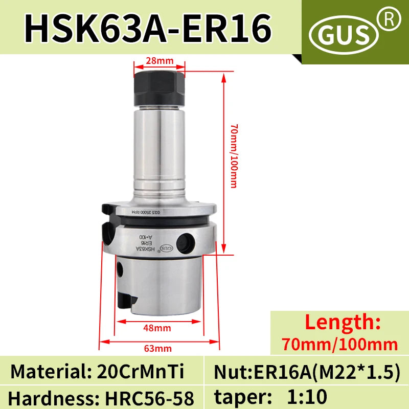 HSK63A High precision tool holder ER16 ER20 ER25 ER32 ER40 Collet chuck Five axis machine tools High speed Knife handle Spindle