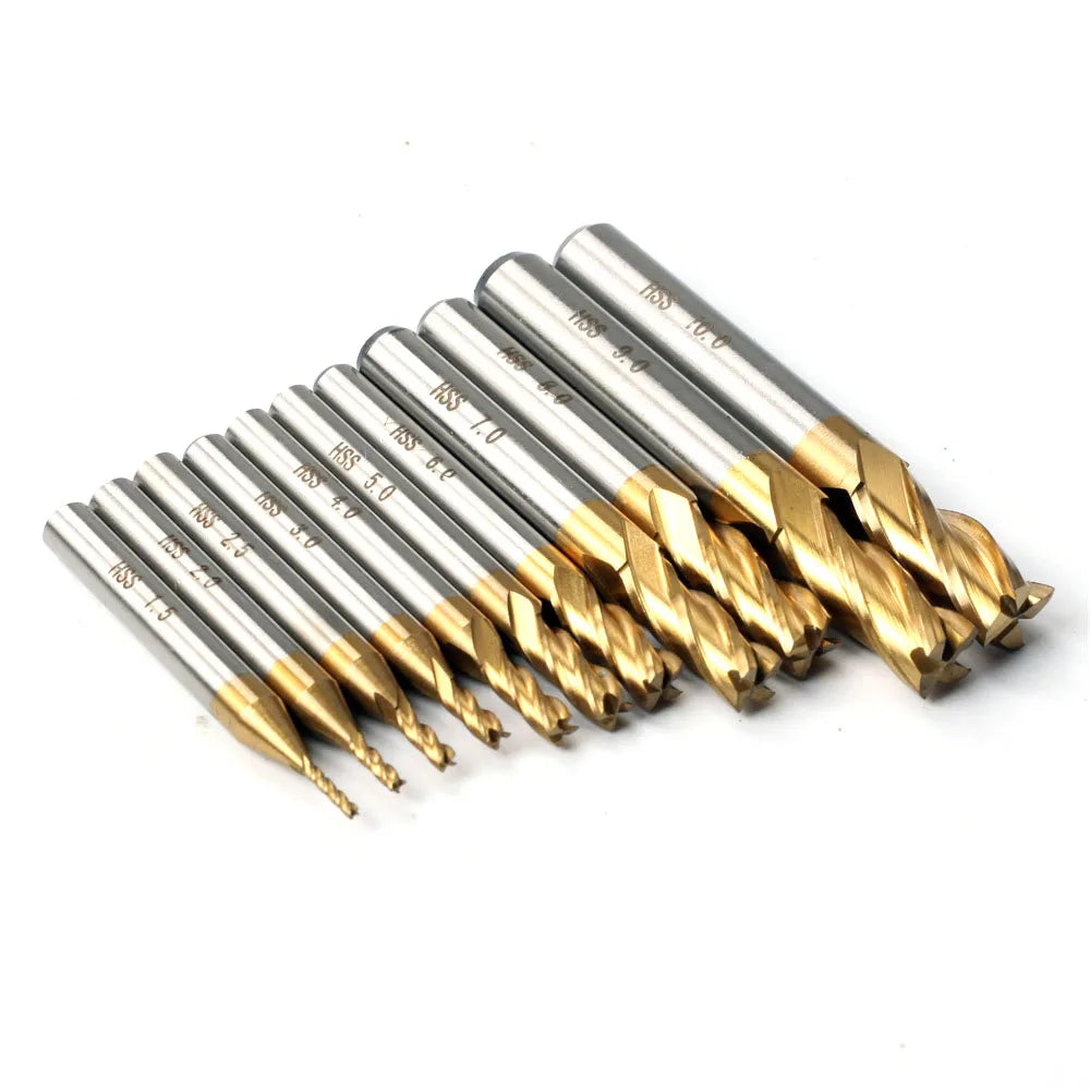 7Pcs/11Pcs Milling Cutters 4-Flute Titanium Coated HSS End Mill Set 1.5-10mm CNC Router Bit For Wood Steel Milling