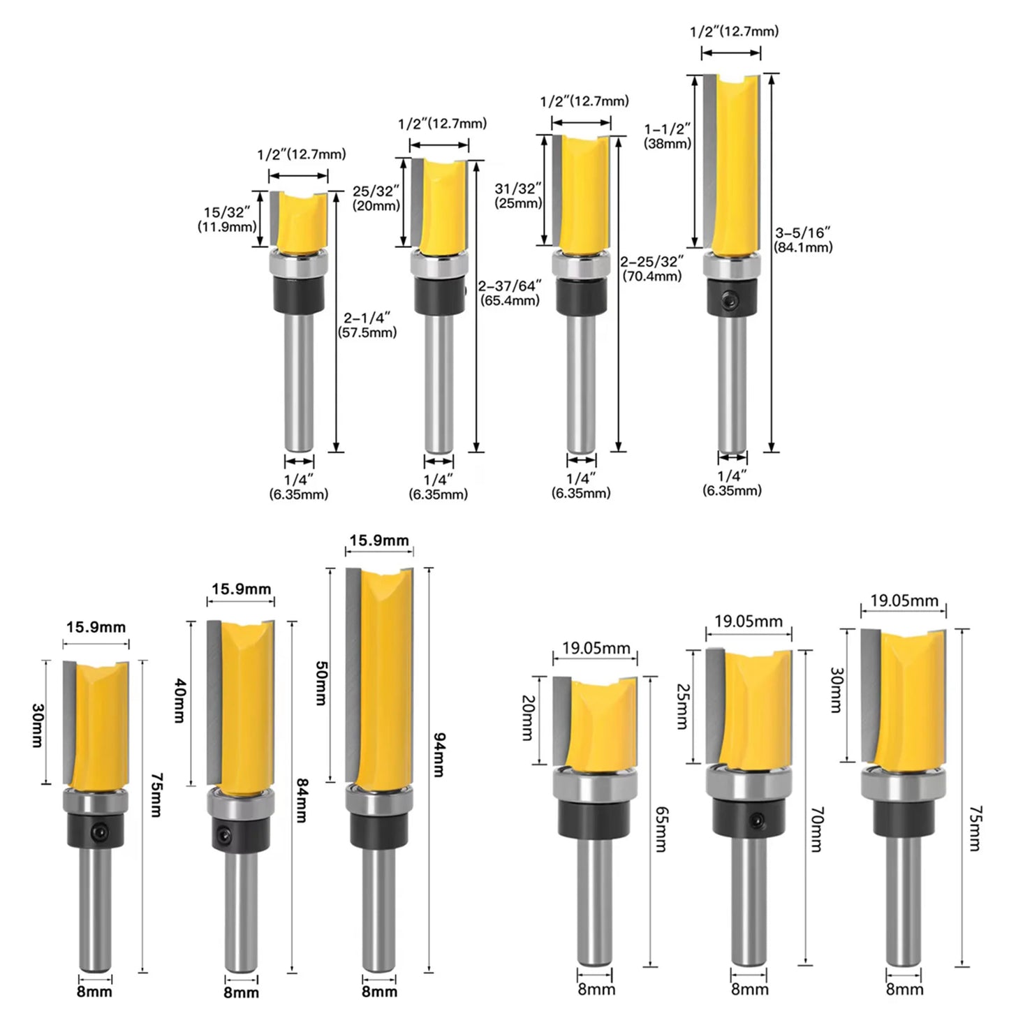 1/4′′ 8mm Shank Long Blade Flush Trim Router Bit With Bearing for Wood Template Pattern Bit Tungsten Carbide Milling Cutter