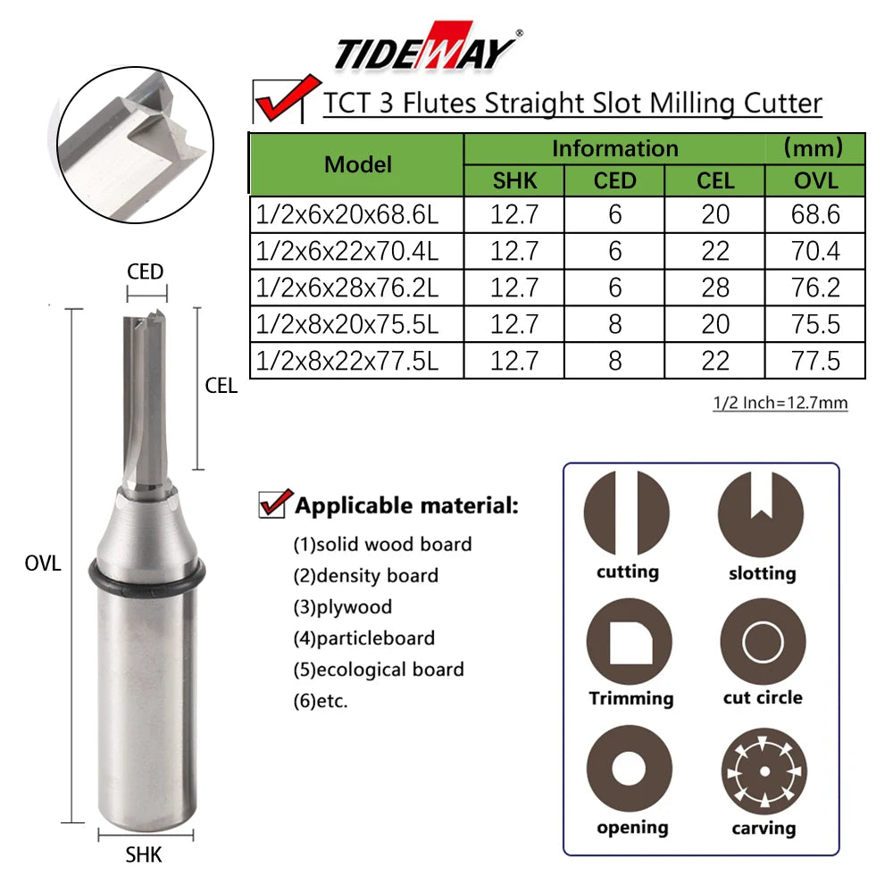 TIDEWAY 1PCS TCT Router Bit 3 Flutes Straight Flush Trimming Milling Cutter 12.7mm 1/2Inch Shank CNC Woodworiking Tools