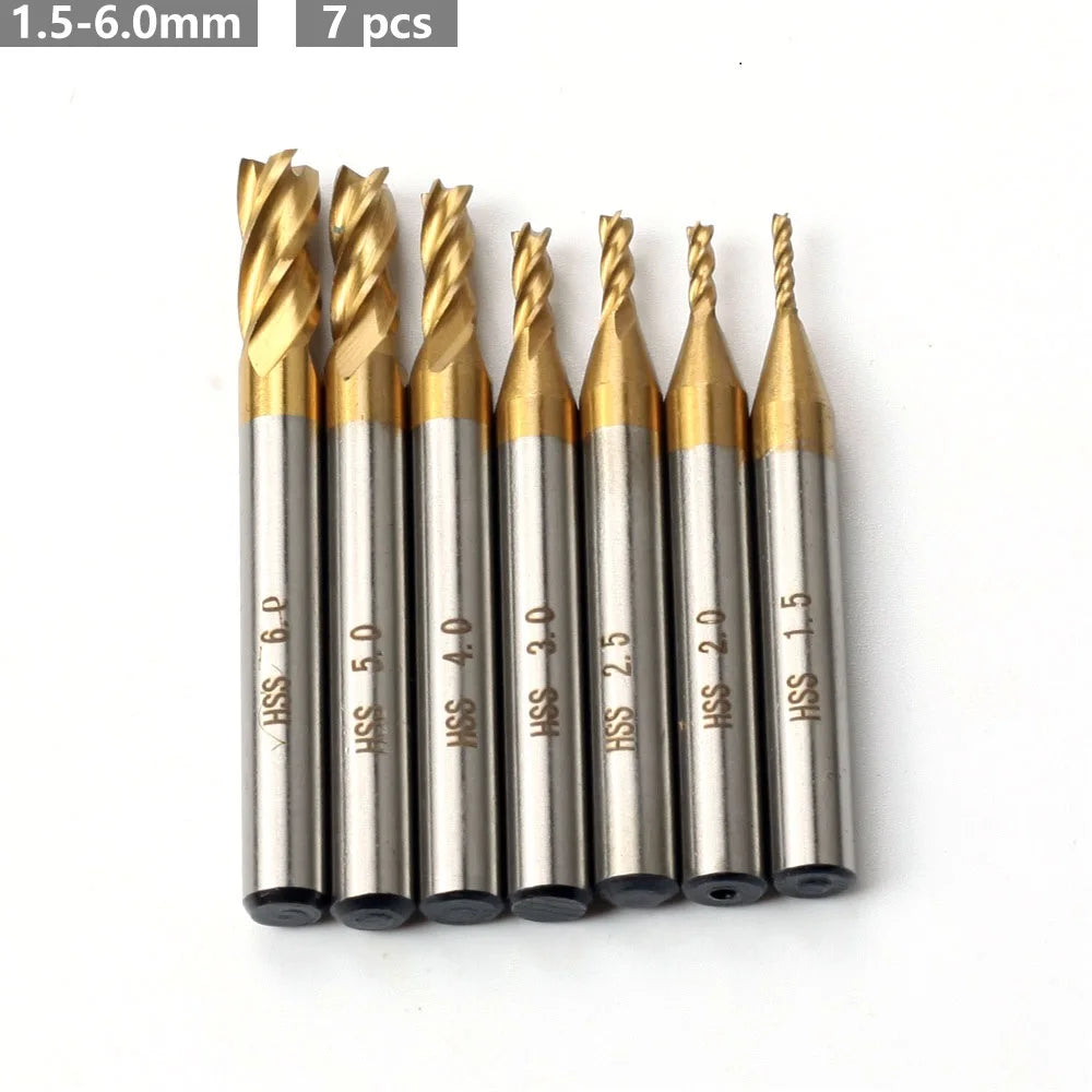 7Pcs/11Pcs Milling Cutters 4-Flute Titanium Coated HSS End Mill Set 1.5-10mm CNC Router Bit For Wood Steel Milling