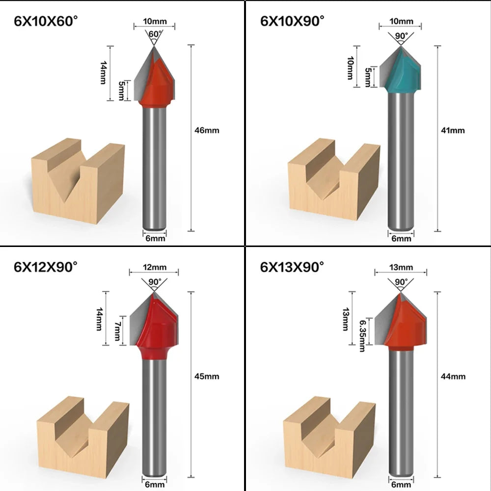 6mm V Bit-1PCS,CNC solid carbide end mill,tungsten steel woodworking milling cutter,3D wood MDF router bit,60 90 120 150 degrees