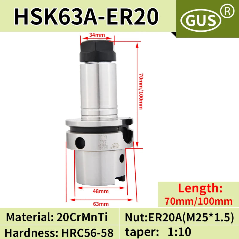 HSK63A High precision tool holder ER16 ER20 ER25 ER32 ER40 Collet chuck Five axis machine tools High speed Knife handle Spindle