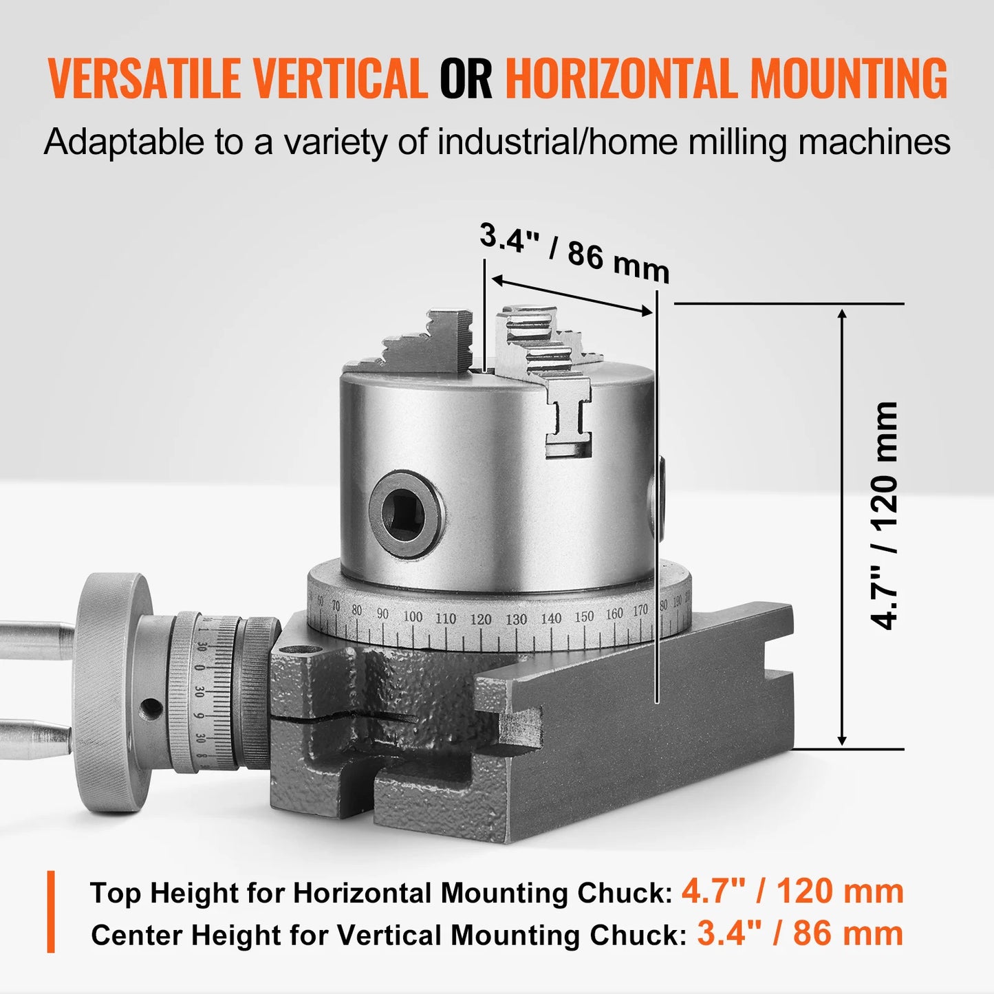 VEVOR Precision Milling Rotary Table 4''/ 100 mm, Horizontal Vertical Model with 3-Jaw Chuck Indexing Tools for Milling Machines