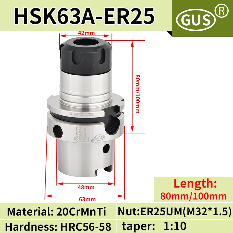 HSK63A High precision tool holder ER16 ER20 ER25 ER32 ER40 Collet chuck Five axis machine tools High speed Knife handle Spindle