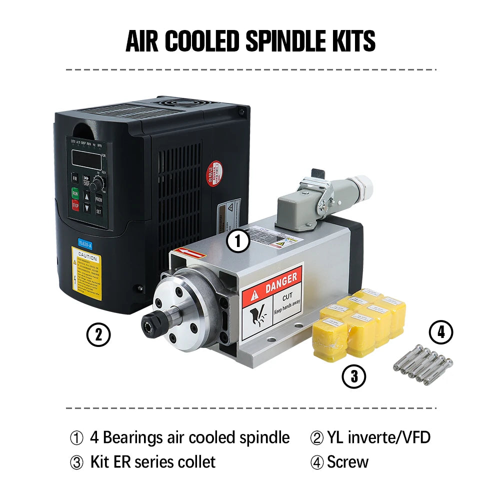 CNC Spindle 2.2kw 1.5kw 24000rpm Air Cooled Spindle Motor + YL VFD Inverter +1 Set ER20 or ER11 Collet for CNC Milling Machine