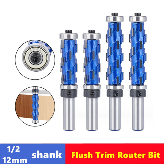 1pcs  Milling Cutter 12mm 1/2" Shank Flush Trim End Mill Solid Carbide Spiral Double Bearing CNC Router Bit For Wood