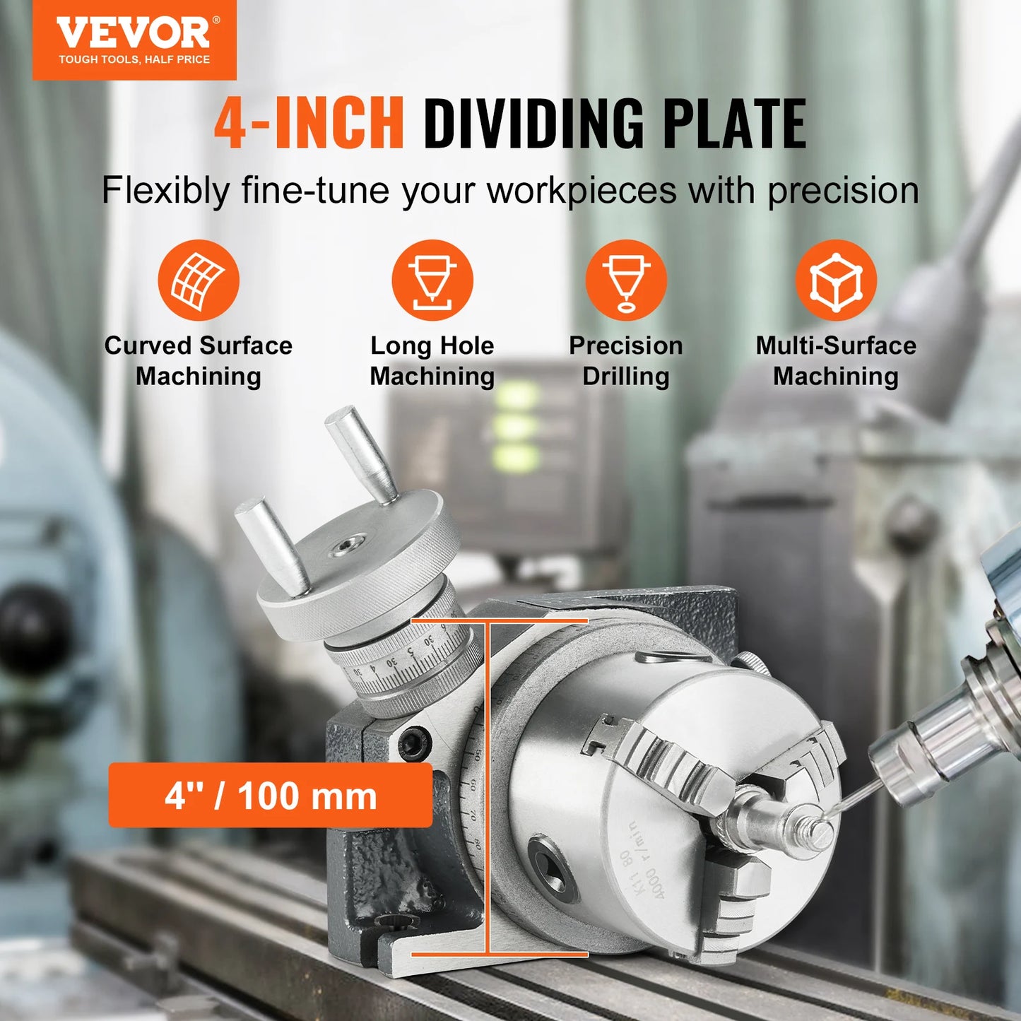 VEVOR Precision Milling Rotary Table 4''/ 100 mm, Horizontal Vertical Model with 3-Jaw Chuck Indexing Tools for Milling Machines